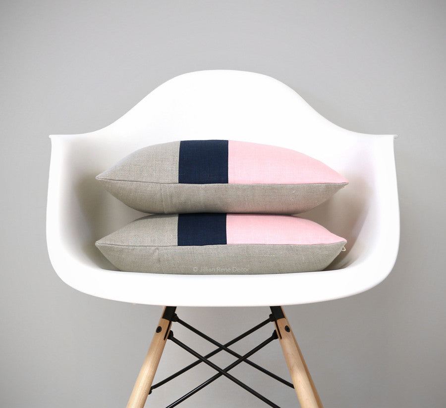 Rose Quartz Colorblock Pillow Set of 2 with Navy Stripe