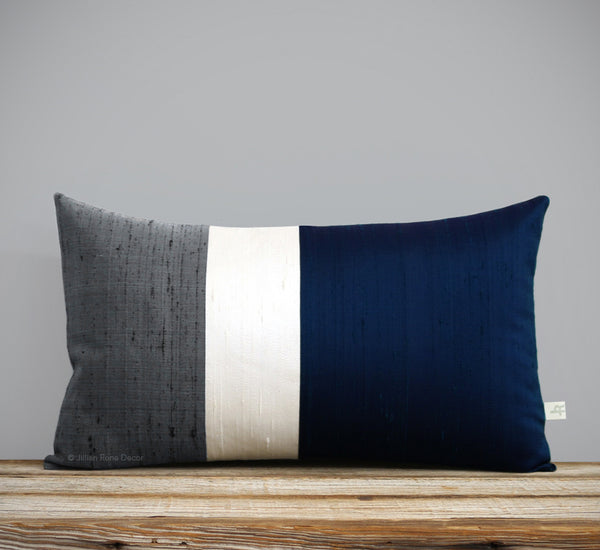 Silk Colorblock Pillow by Jillian Rene Decor Navy Cream and Gray