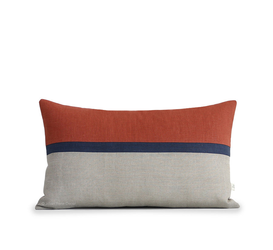 Horizon Line Pillow - Sienna, Navy Blue and Natural Linen