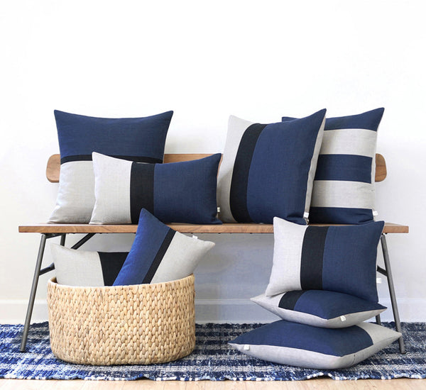 Horizon Line Pillow Navy Blue Black and Natural Linen by JILLIAN RENE DECOR