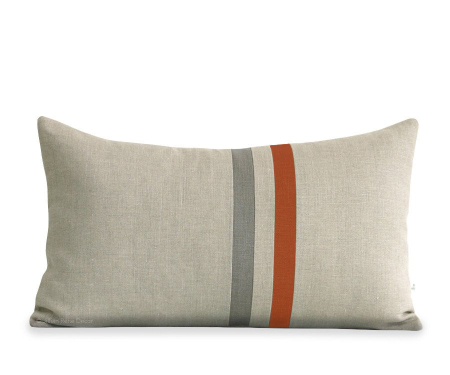 Striped Lumbar Pillow - Burnt Orange, Stone Grey and Natural Linen