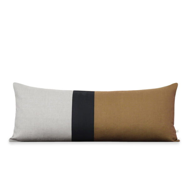 Extra Long Lumbar Colorblock Pillow (14x35) Caramel, Black and Natural