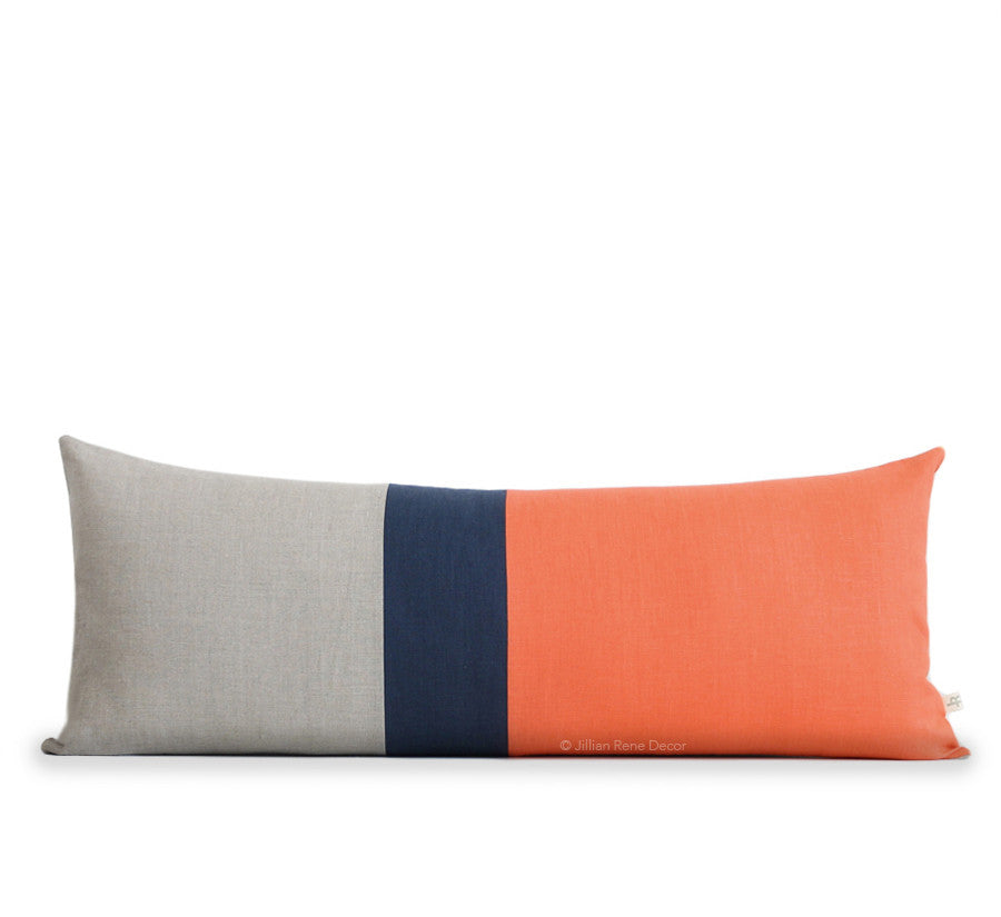 Extra Long Lumbar Colorblock Pillow - Orange, Navy and Natural