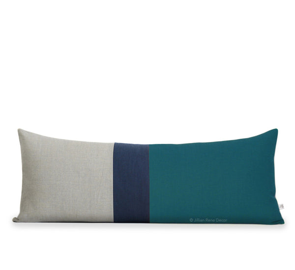 Lumbar Colorblock Pillow - Teal, Navy and Natural Linen