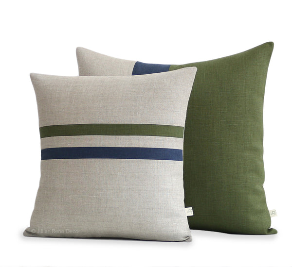 Olive Pillow Cover Set of 2 with Navy Stripe