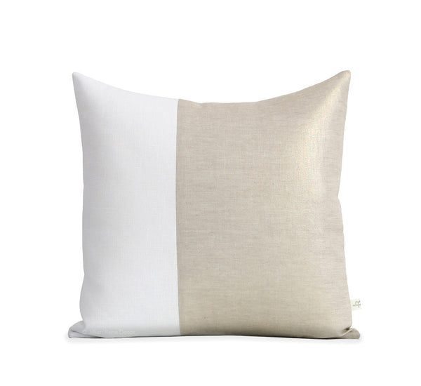 Two Tone Colorblock Pillow - Metallic Gold and Cream Linen
