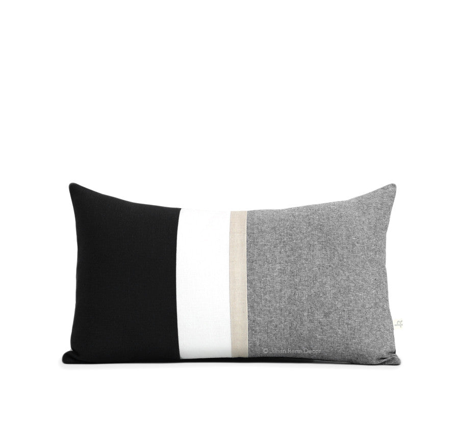 Black Chambray Pillow with Metallic Silver Stripe