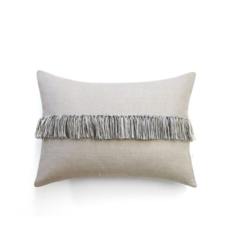 12x16 Fringe Pillow - Black, Cream and Natural Linen