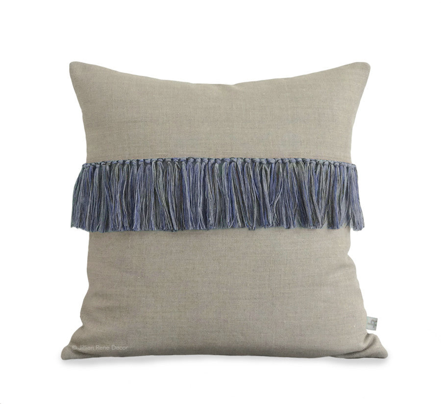 Fringe Pillow - Cobalt, Navy and Natural Linen