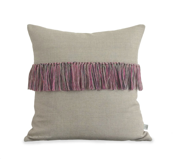 Fringe Pillow - Hot Pink, Navy and Natural Linen