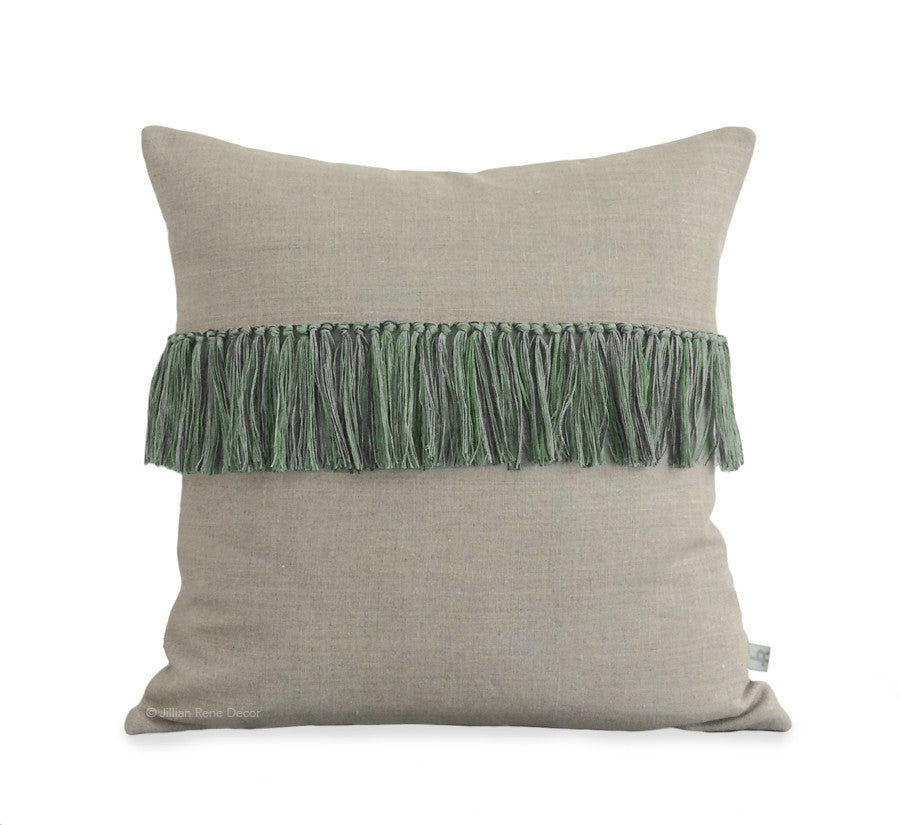 Fringe Pillow - Kelly, Navy and Natural Linen