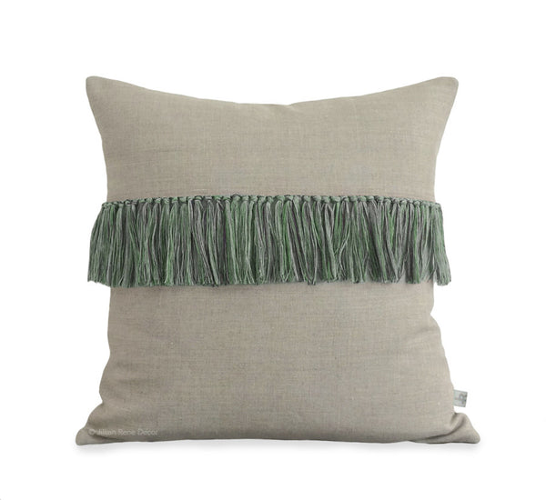 Fringe Pillow - Kelly, Navy and Natural Linen