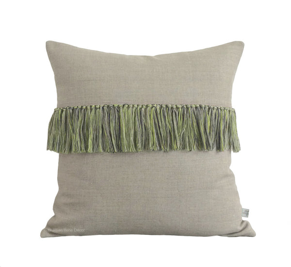 Fringe Pillow - Lime, Navy and Natural Linen
