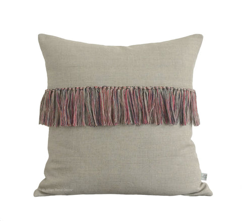 Fringe Pillow - Marsala, Navy and Natural Linen