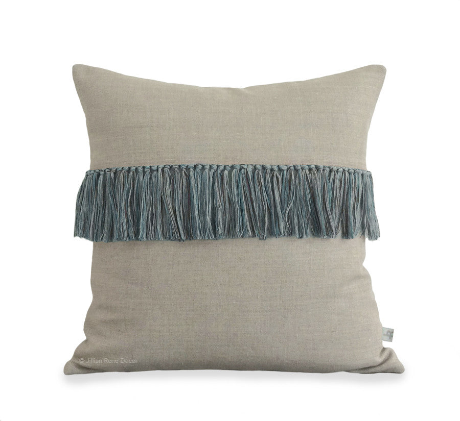 Fringe Pillow - Teal, Navy and Natural Linen