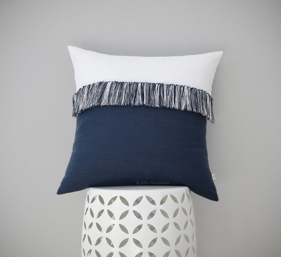 Fringe Tassel Pillow - Navy and Cream