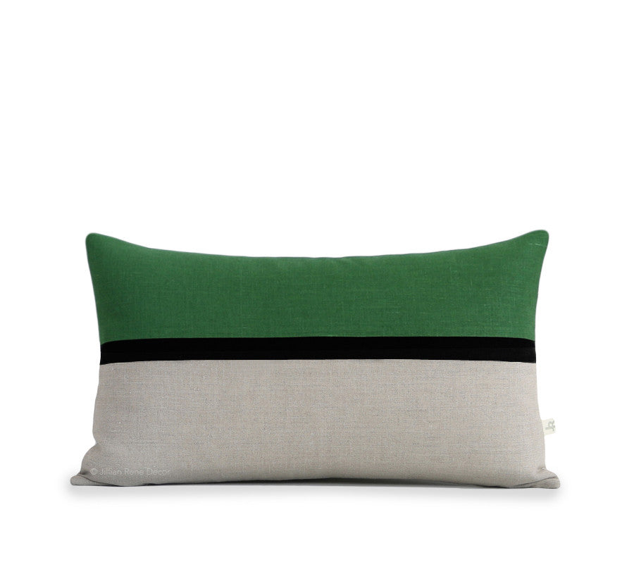 Horizon Line Pillow - Meadow Green, Black and Natural Linen