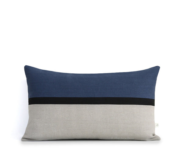 Horizon Line Pillow - Navy Blue, Black and Natural Linen