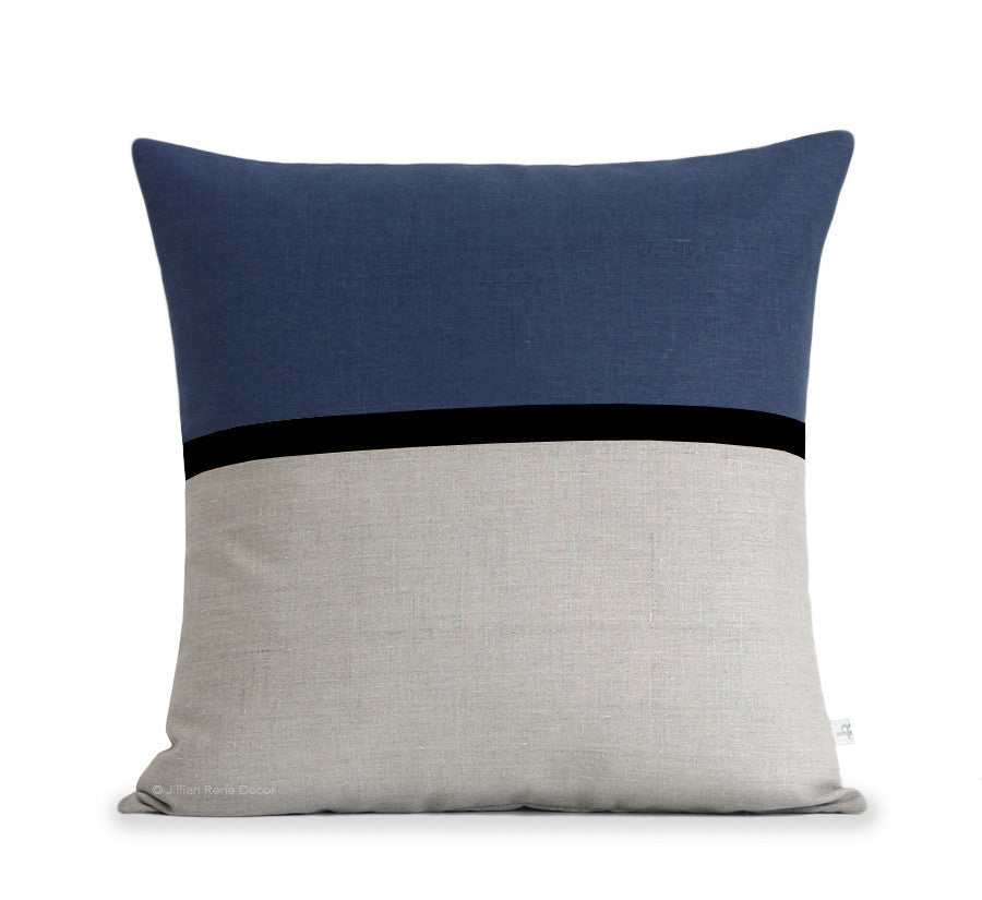 Horizon Line Pillow - Navy Blue, Black and Natural Linen