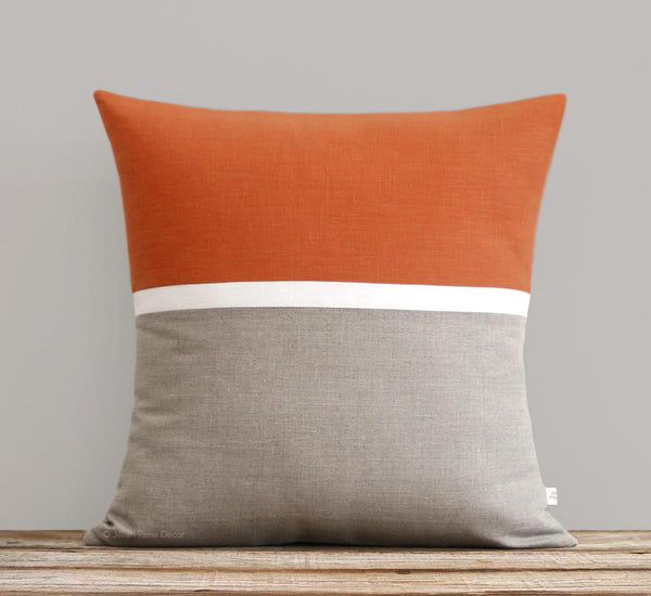 Horizon Line Pillow - Burnt Orange, Cream and Natural Linen