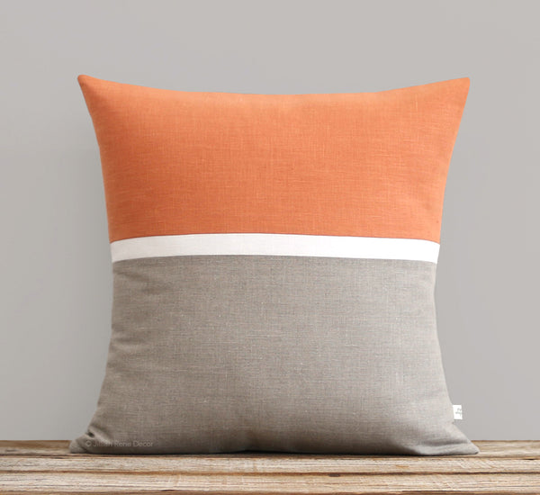 Horizon Line Pillow - Pumpkin Orange, Cream and Natural Linen