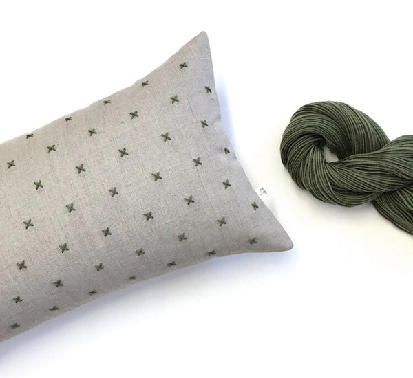 Stitched Linen Pillow - Olive and Natural