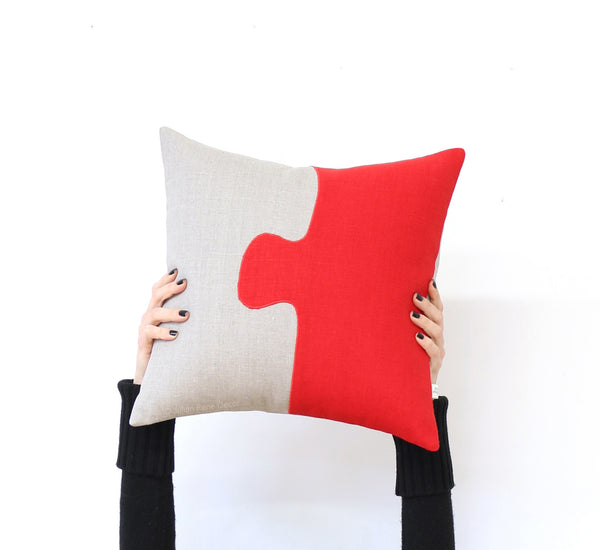 Puzzle Pieces Pillow - Red/Natural
