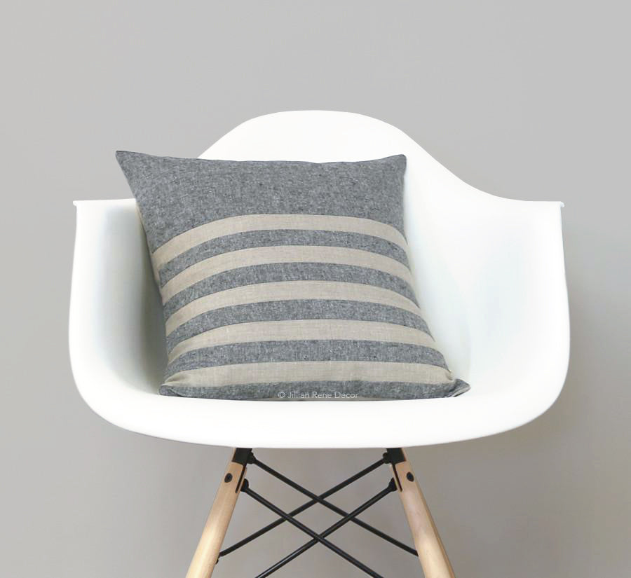Multi Stripe Pillow - Black Chambray and Natural Linen