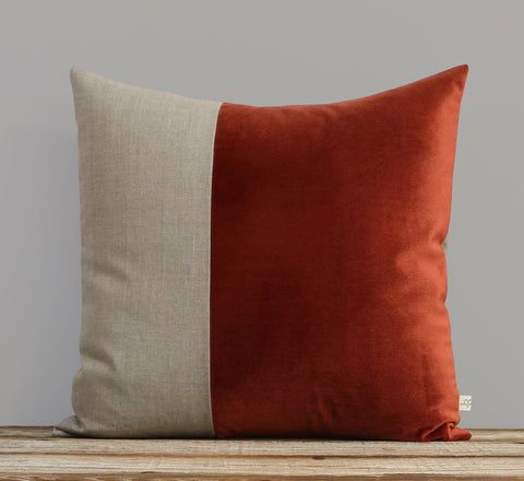 Velvet Colorblock Pillow - Rust