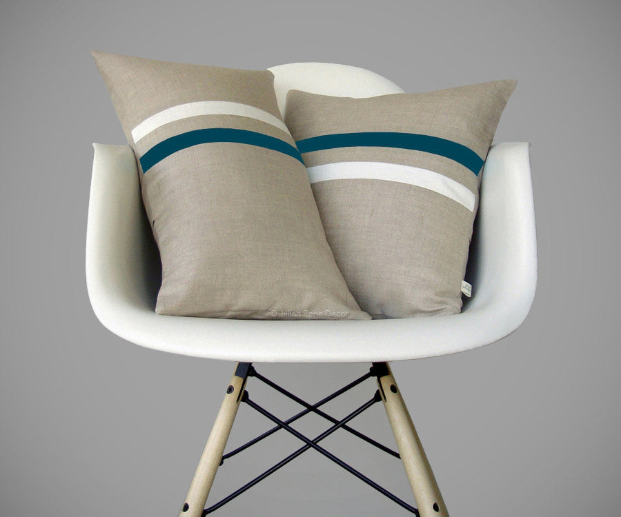 Teal and Cream Striped Linen Pillow