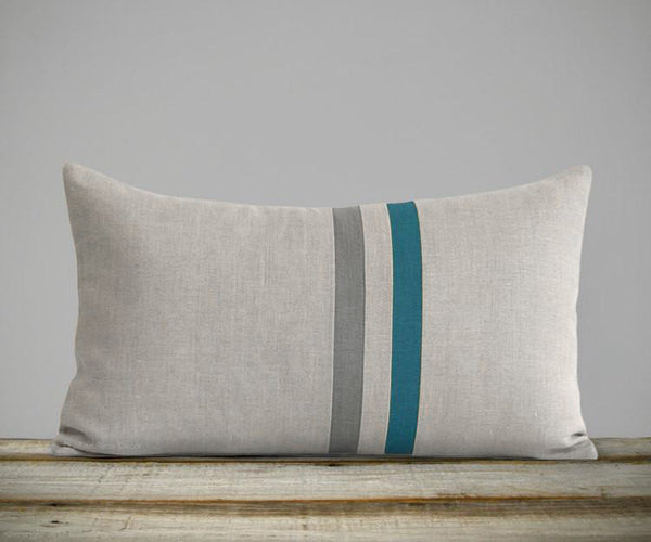 Striped Lumbar Pillow - Biscay Bay, Stone Grey and Natural Linen