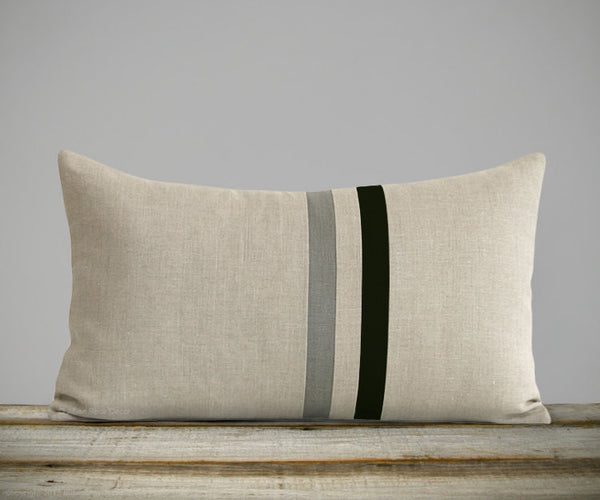 Striped Lumbar Pillow - Black, Stone Grey and Natural Linen