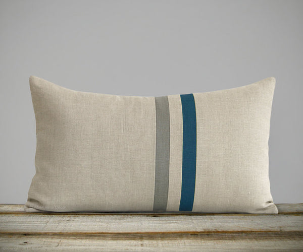 Striped Lumbar Pillow - Lake, Stone Grey and Natural Linen