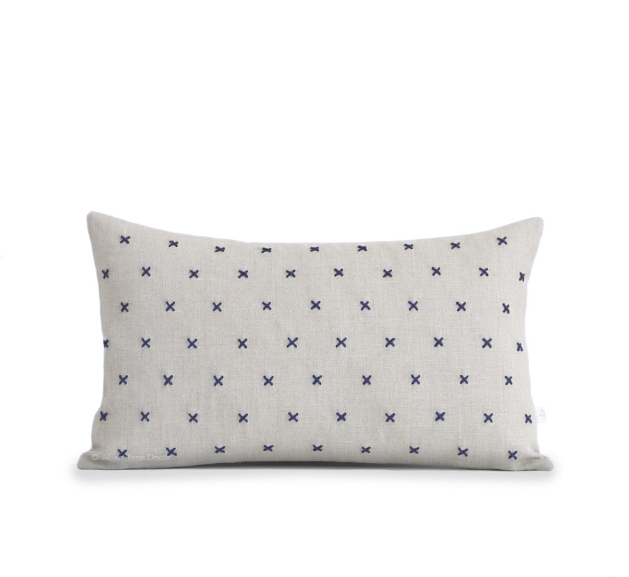 Stitched Linen Pillow - Navy and Natural