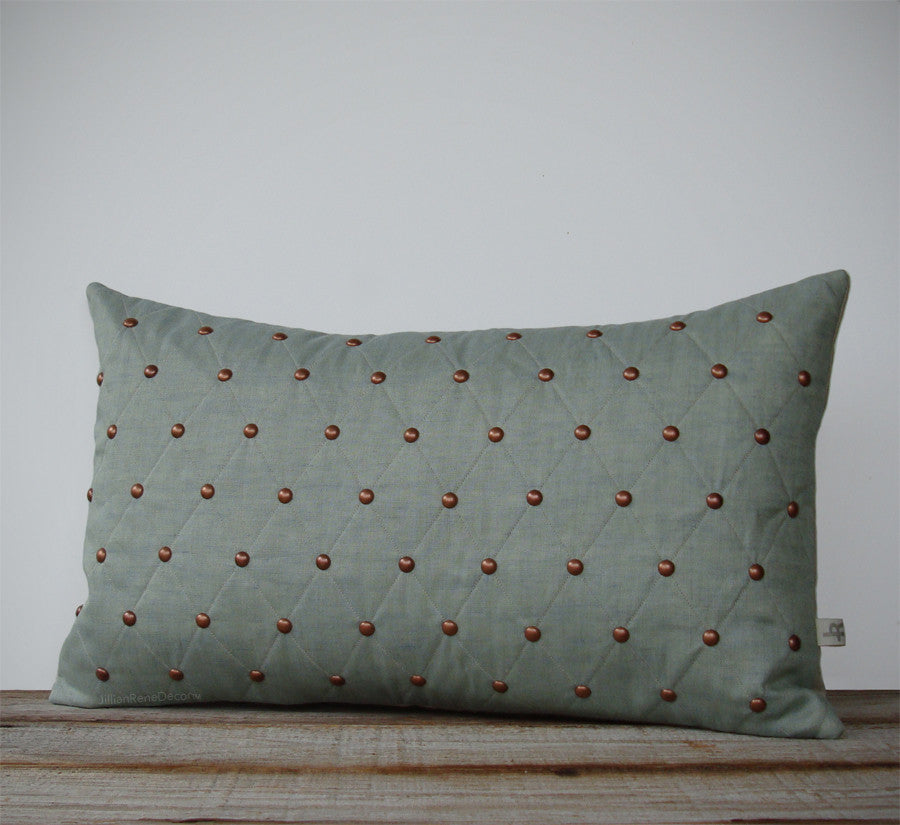 Quilted Stud Pillow - Copper and Sage Linen