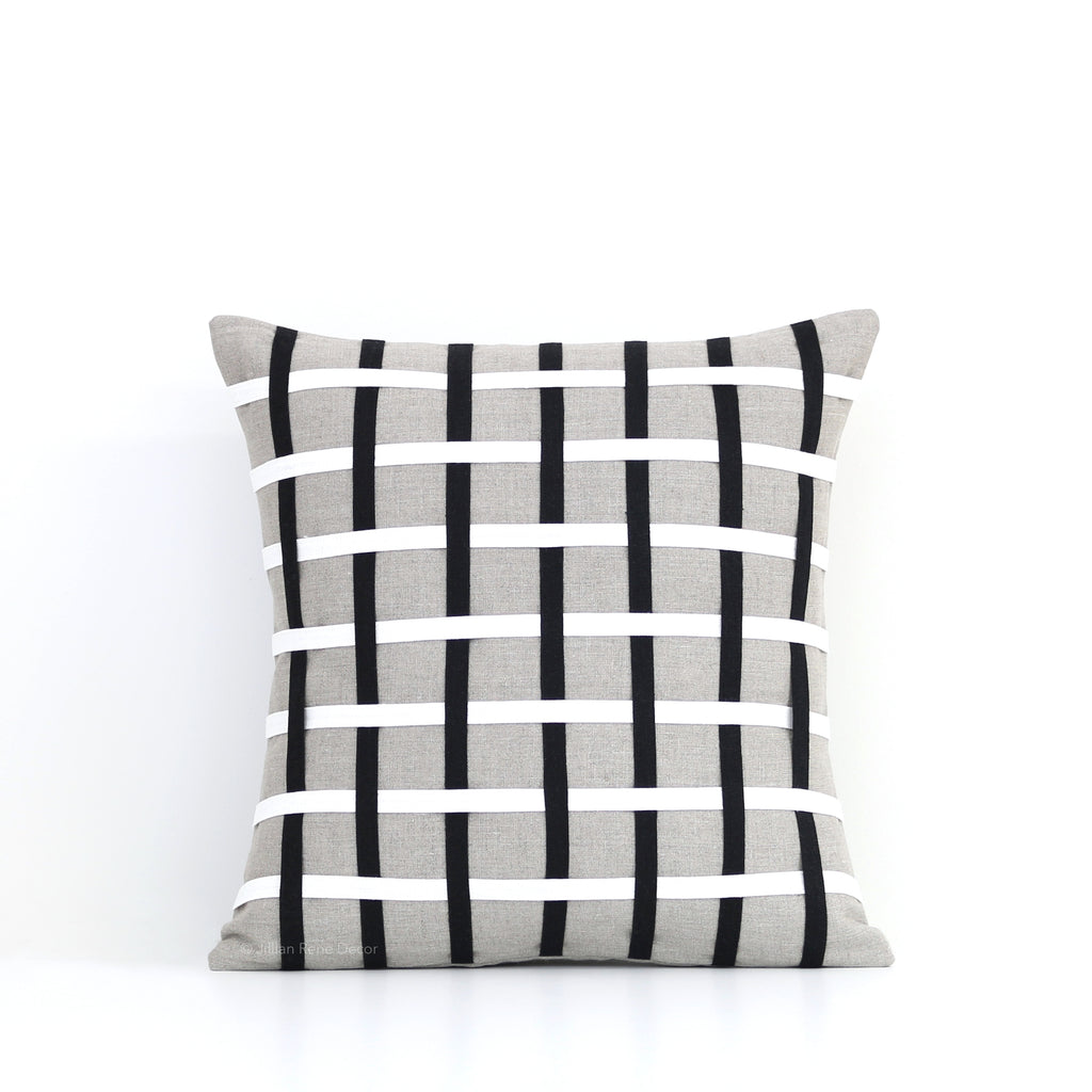 Woven Pillow - Black, Cream and Natural Linen