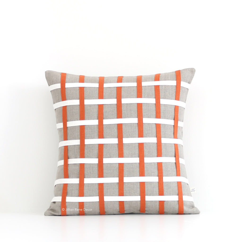 Woven Pillow - Orange, Cream and Natural Linen