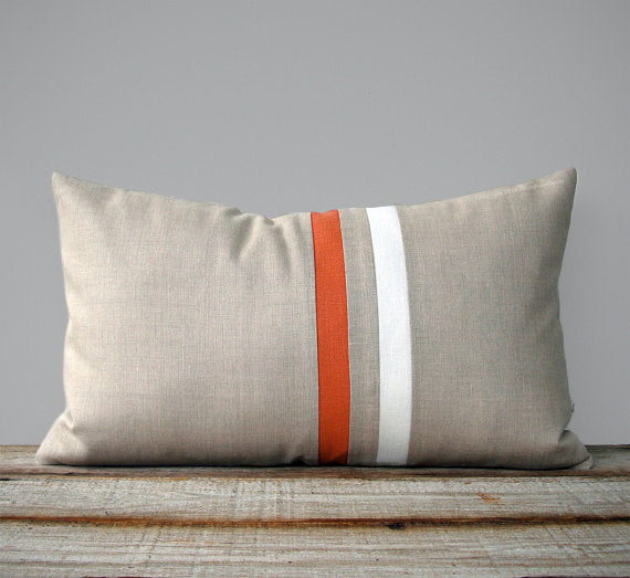 Striped Lumbar Pillow - Orange, Cream and Natural Linen